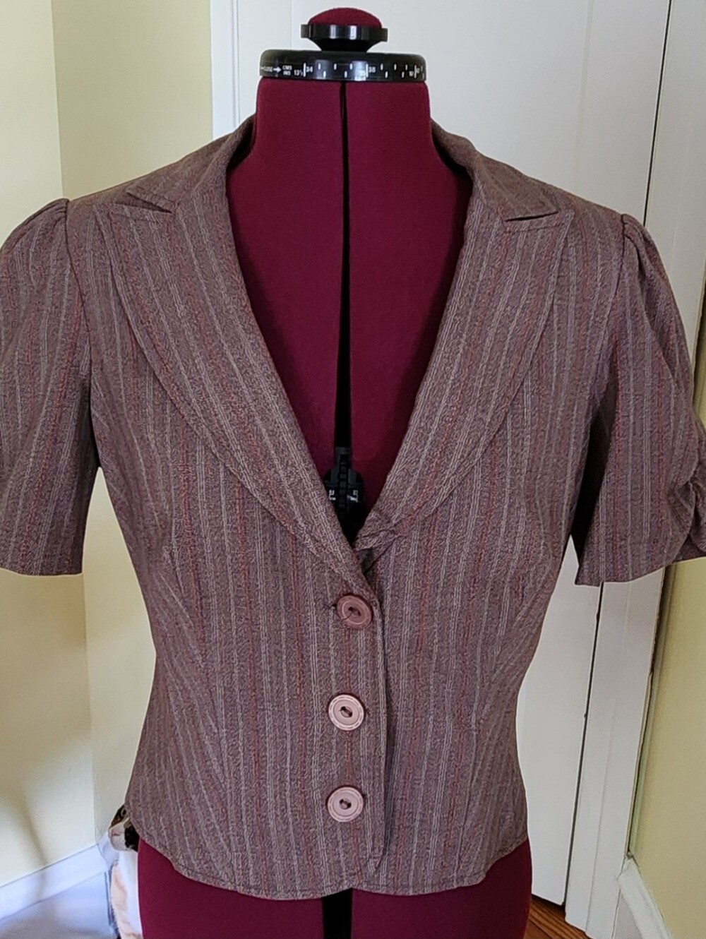 Candies Juniors Cropped Short Sleeve Pinstrioe  Blazer With Ruched Sleeves